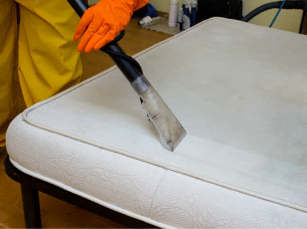 This is a photo of a man steam cleaning a dirty mattress works carried out by Hendon Carpet Cleaning